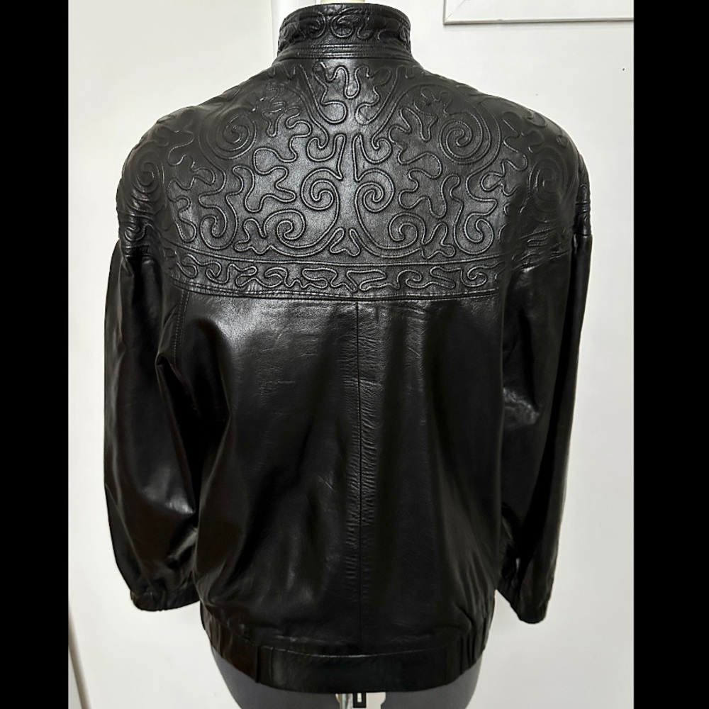 VINTAGE 1980s VAKKO NEIMAN MARCUS BLACK LEATHER EMBROIDERED BOMBER JACKET M EUC - Picture 5 of 8